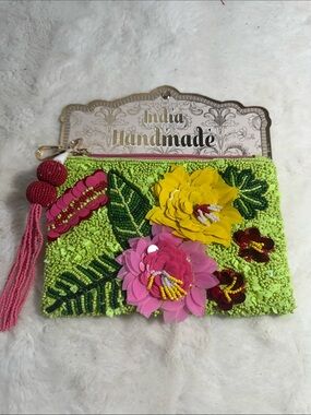 Made in India beaded lime green tropical floral beaded pouch